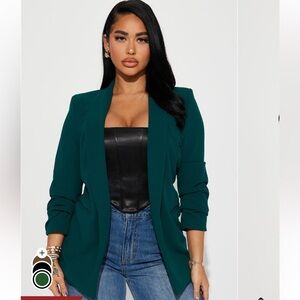 Fashion Nova Celine Hunter Green Blazer with Ruched Sleeves